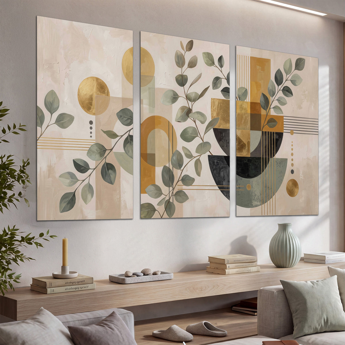 Sage leaves and golden arches botanical artwork — set of 3 poster prints displayed in a console