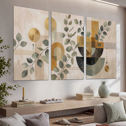Sage leaves and golden arches botanical artwork — set of 3 poster prints displayed in a console