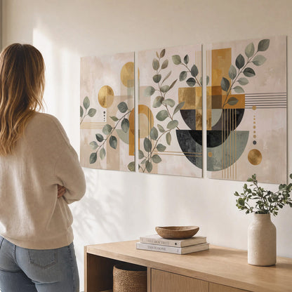 Sage leaves and golden arches botanical artwork — set of 3 poster prints three panel arrangement on a wall