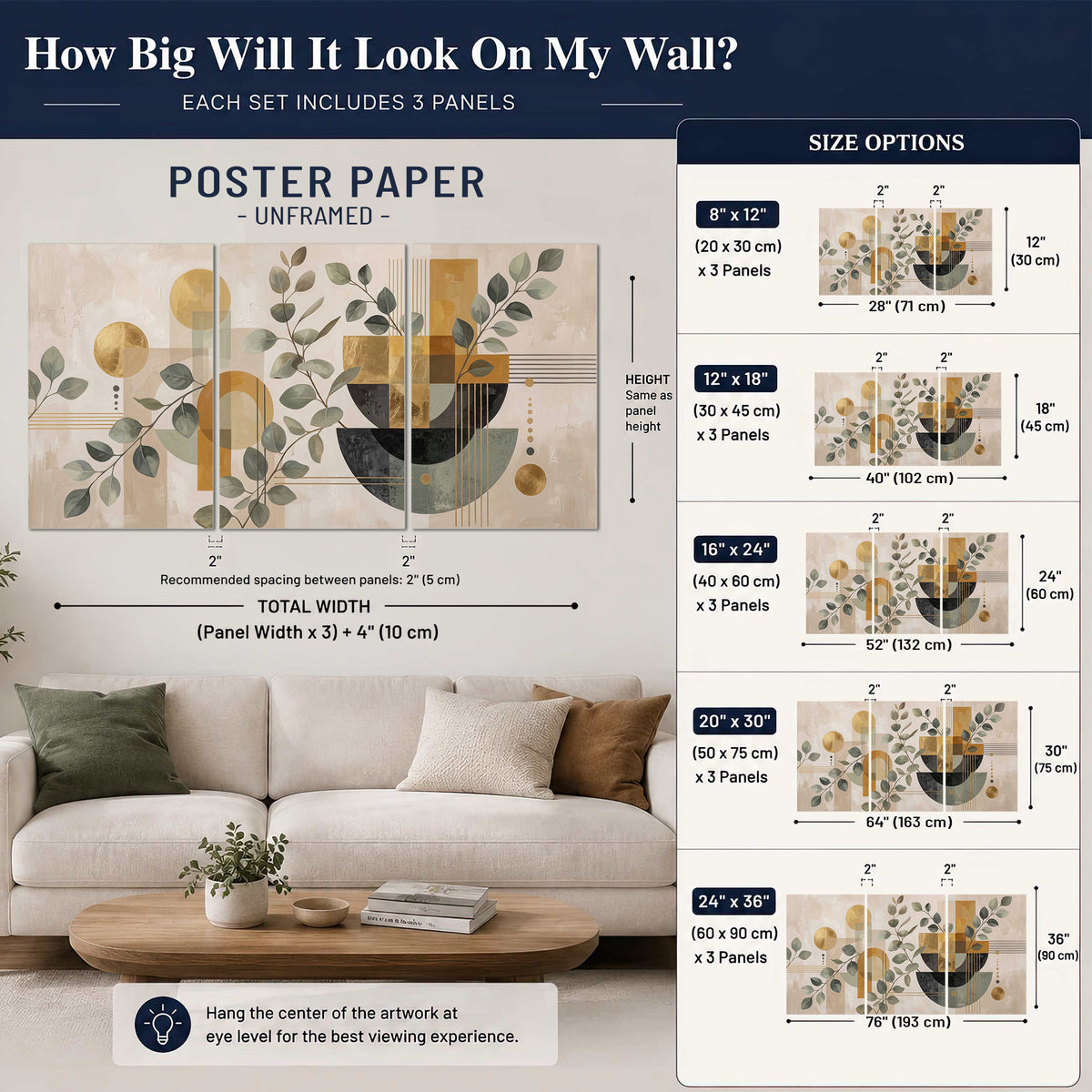 Sage leaves and golden arches botanical artwork — set of 3 poster prints size guide above a sofa; room view is illustrative