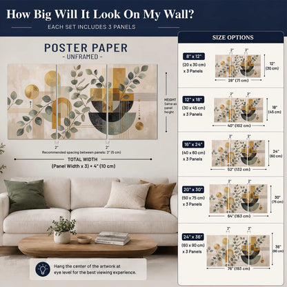 Sage leaves and golden arches botanical artwork — set of 3 poster prints size guide above a sofa; room view is illustrative