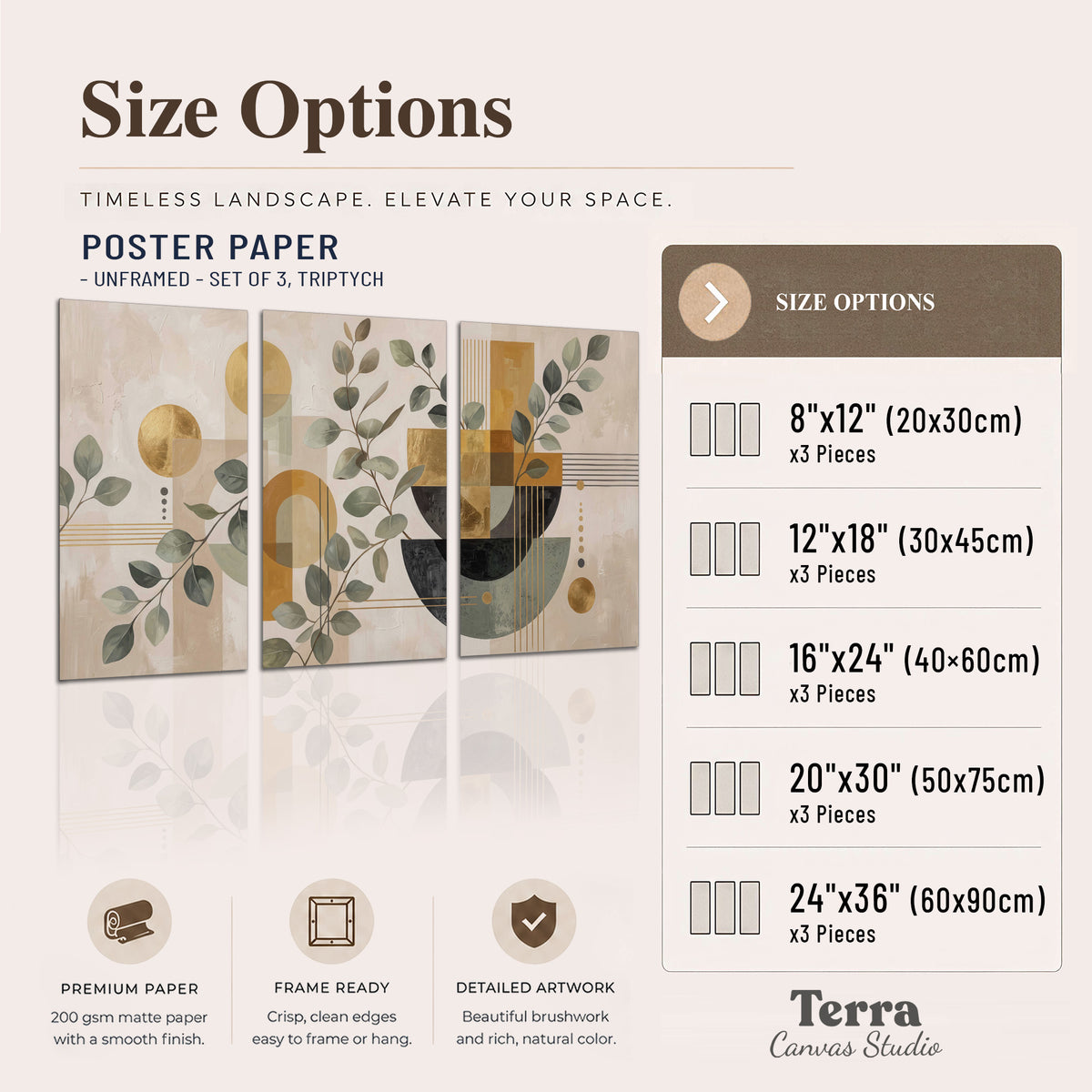 Sage leaves and golden arches botanical artwork — set of 3 poster prints available dimensions; triptych dimensions are per panel