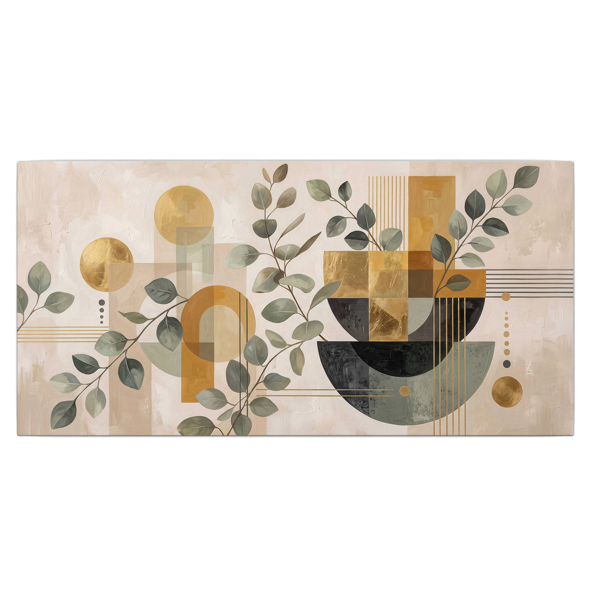 Front view: Sage leaves and golden arches botanical artwork — single canvas wall art viewed straight on