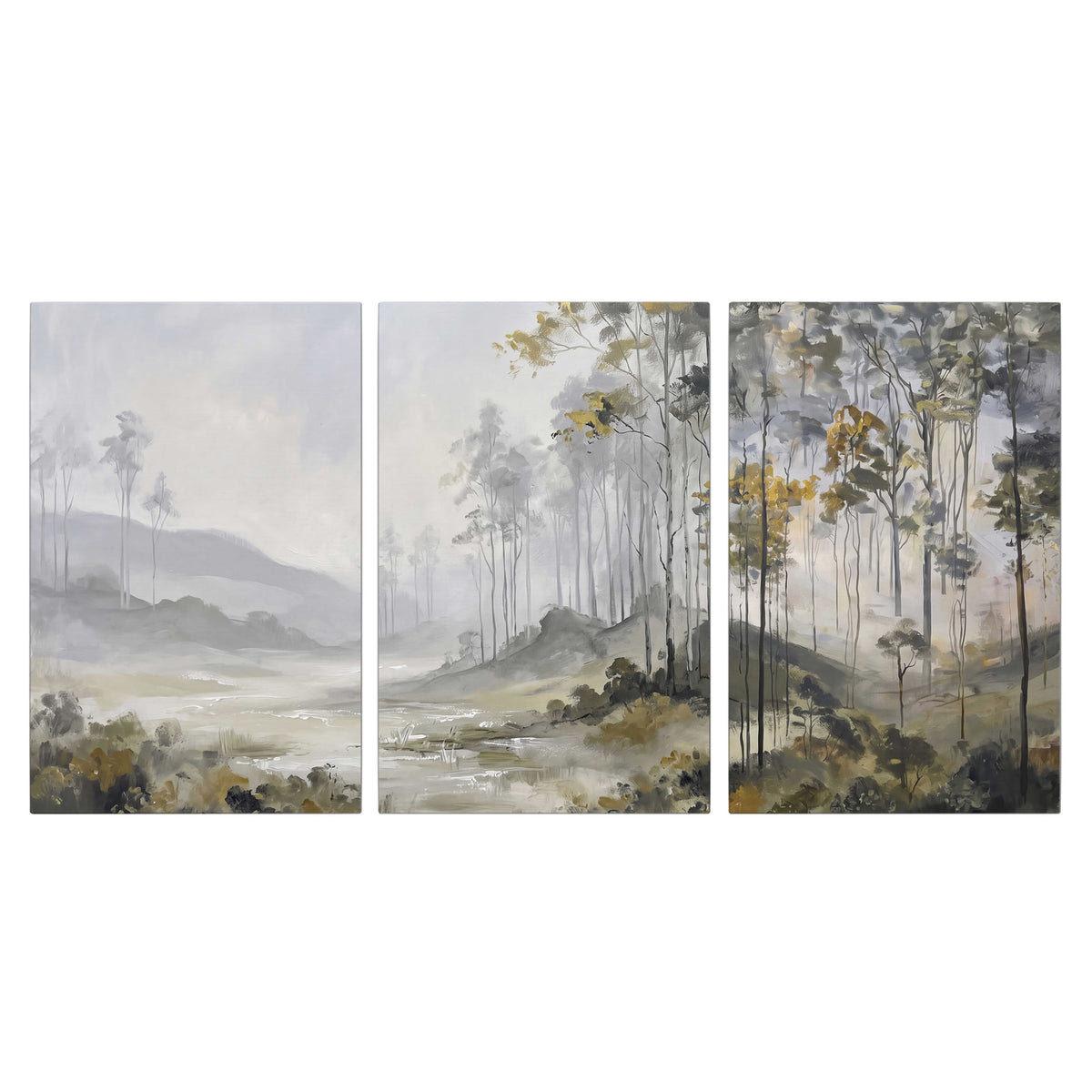 Misty woodland stream with gray trees, muted olive foliage and distant hazy hills 3 piece canvas wall art viewed straight on