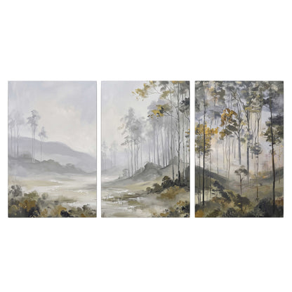 Misty woodland stream with gray trees, muted olive foliage and distant hazy hills 3 piece canvas wall art viewed straight on