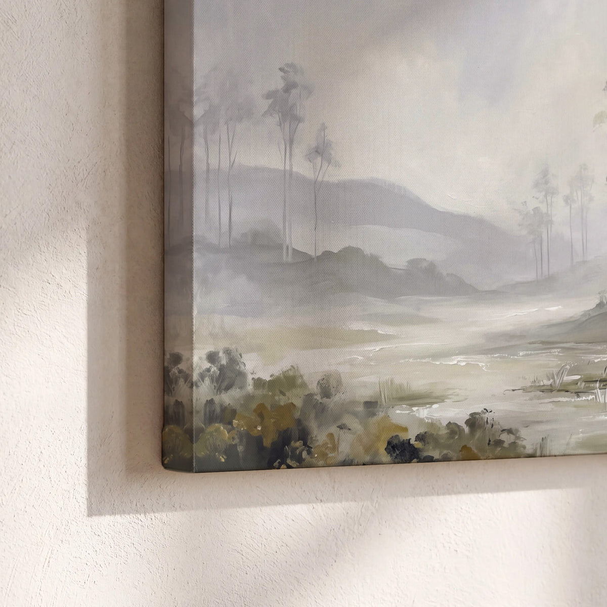 Misty woodland stream with gray trees, muted olive foliage and distant hazy hills 3 piece canvas wall art material and edge close up