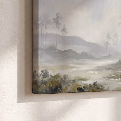 Misty woodland stream with gray trees, muted olive foliage and distant hazy hills 3 piece canvas wall art material and edge close up