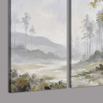 Misty woodland stream with gray trees, muted olive foliage and distant hazy hills 3 piece canvas wall art room and product view