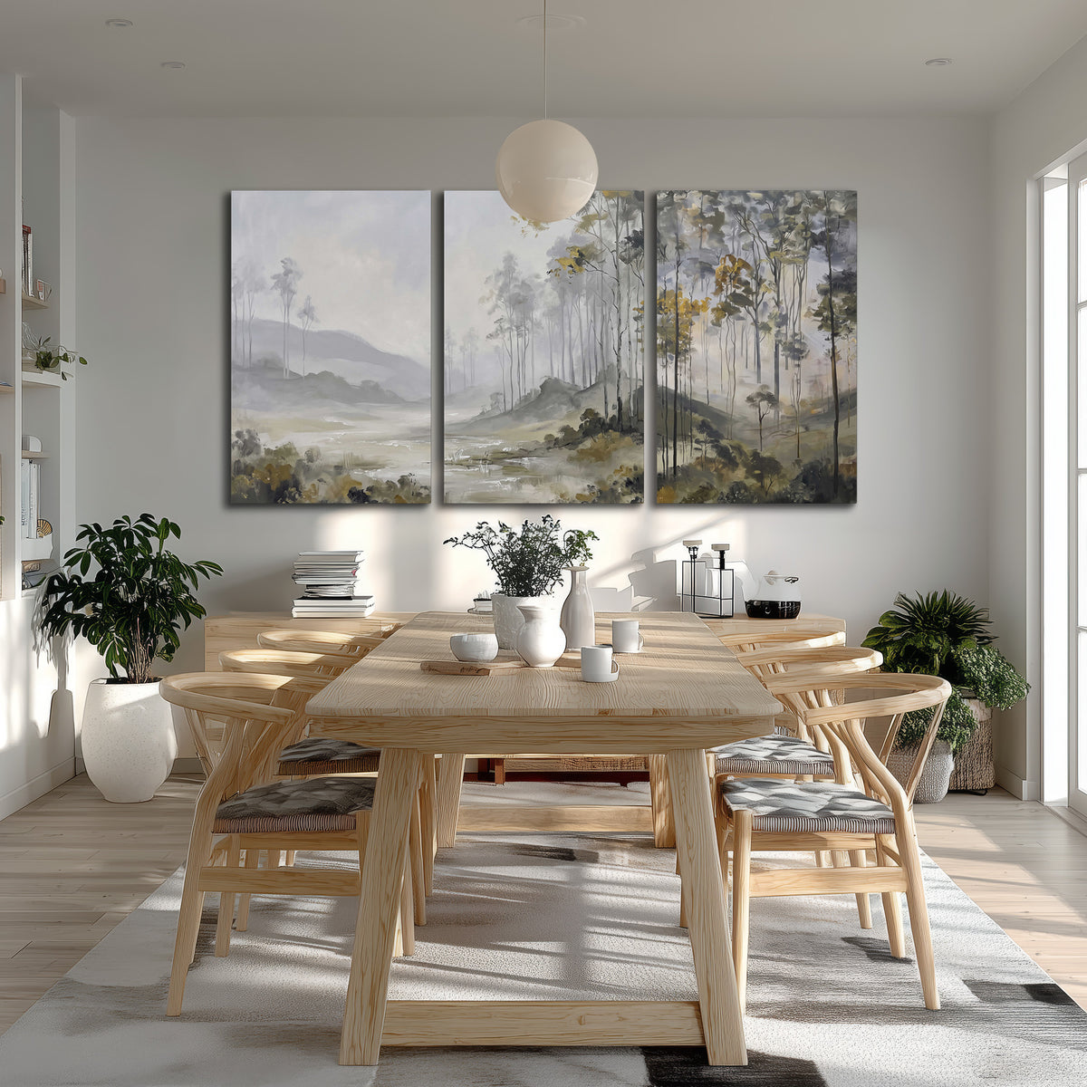 Misty woodland stream with gray trees, muted olive foliage and distant hazy hills 3 piece canvas wall art room and product view