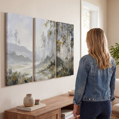 Misty woodland stream with gray trees, muted olive foliage and distant hazy hills 3 piece canvas wall art three panel arrangement on a wall