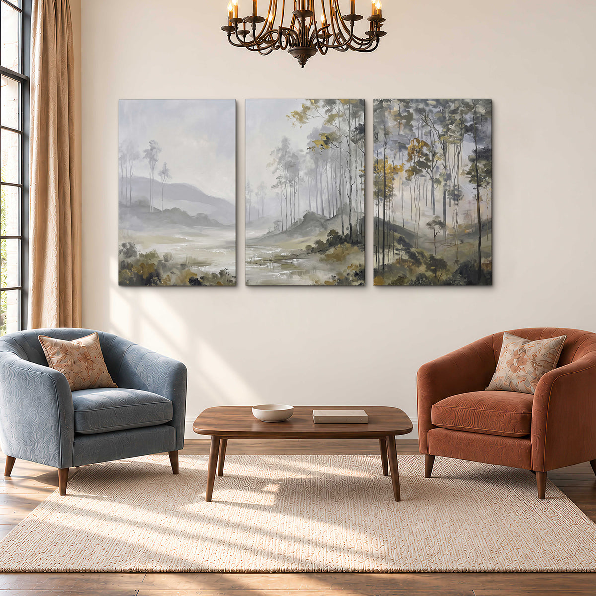 Misty woodland stream with gray trees, muted olive foliage and distant hazy hills 3 piece canvas wall art styled in an interior