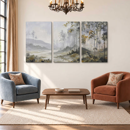 Misty woodland stream with gray trees, muted olive foliage and distant hazy hills 3 piece canvas wall art styled in an interior