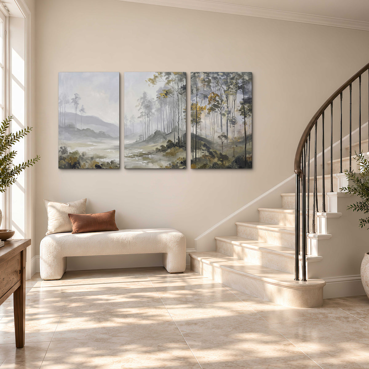 Misty woodland stream with gray trees, muted olive foliage and distant hazy hills 3 piece canvas wall art styled in an interior