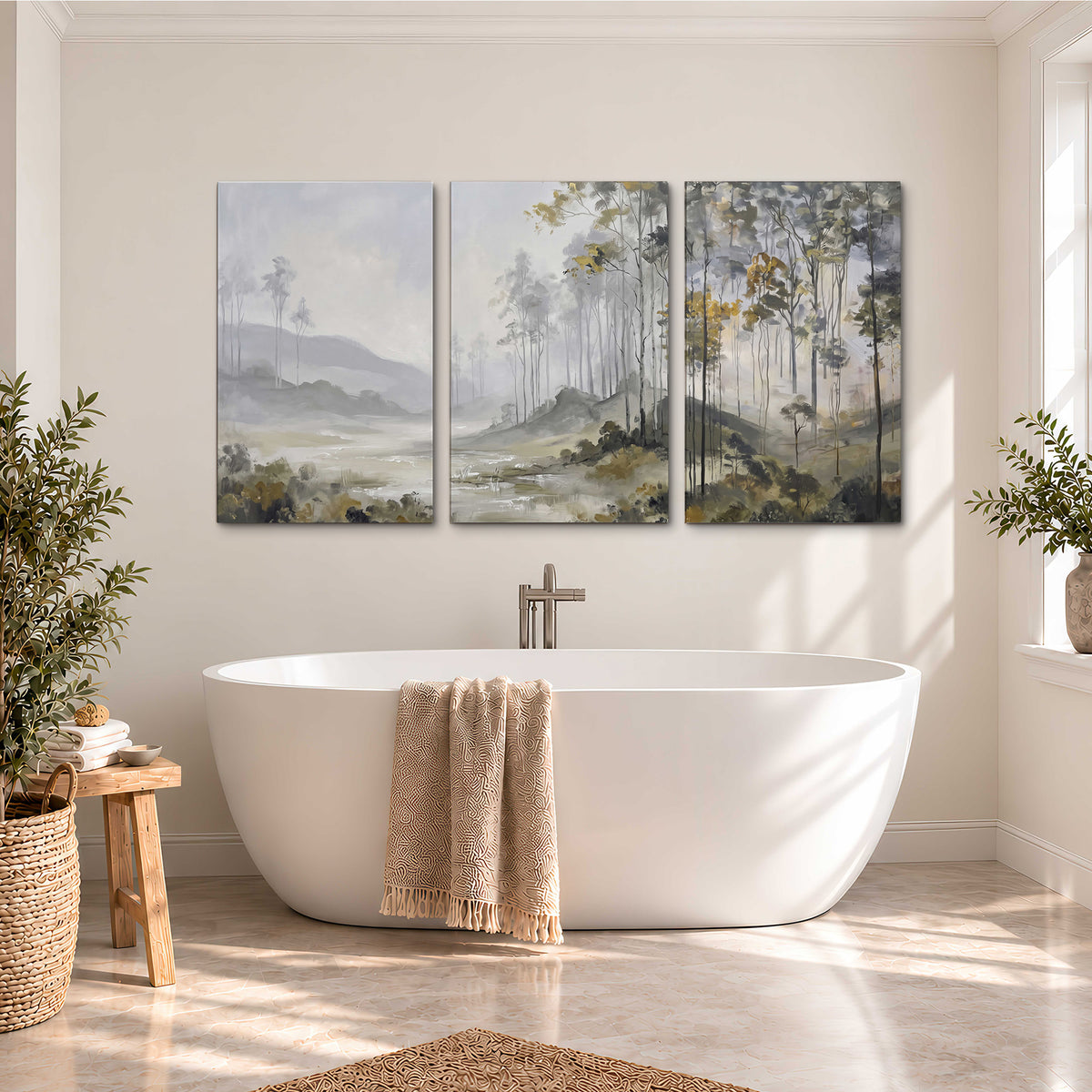 Misty woodland stream with gray trees, muted olive foliage and distant hazy hills 3 piece canvas wall art styled in an interior
