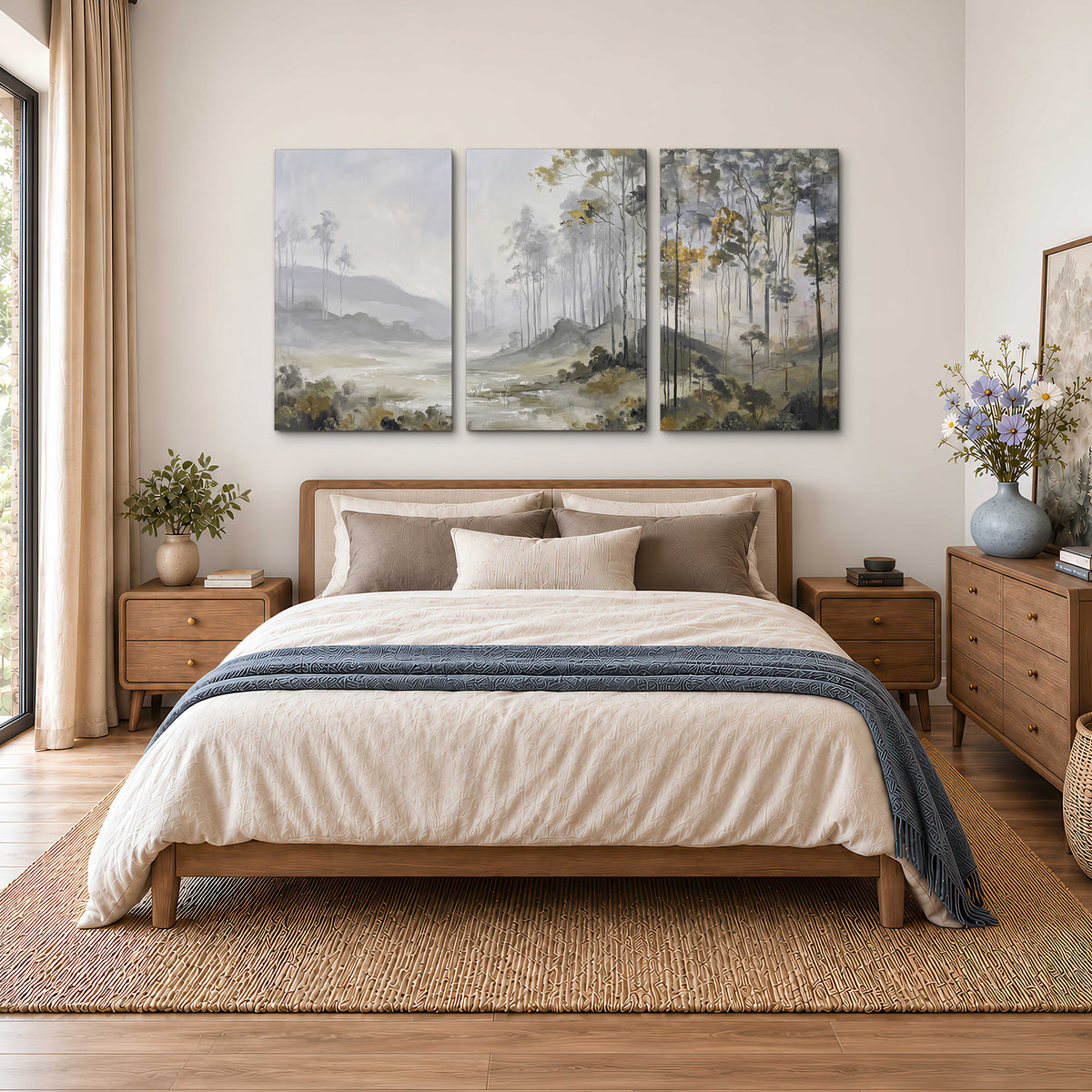 Misty woodland stream with gray trees, muted olive foliage and distant hazy hills 3 piece canvas wall art styled in an interior