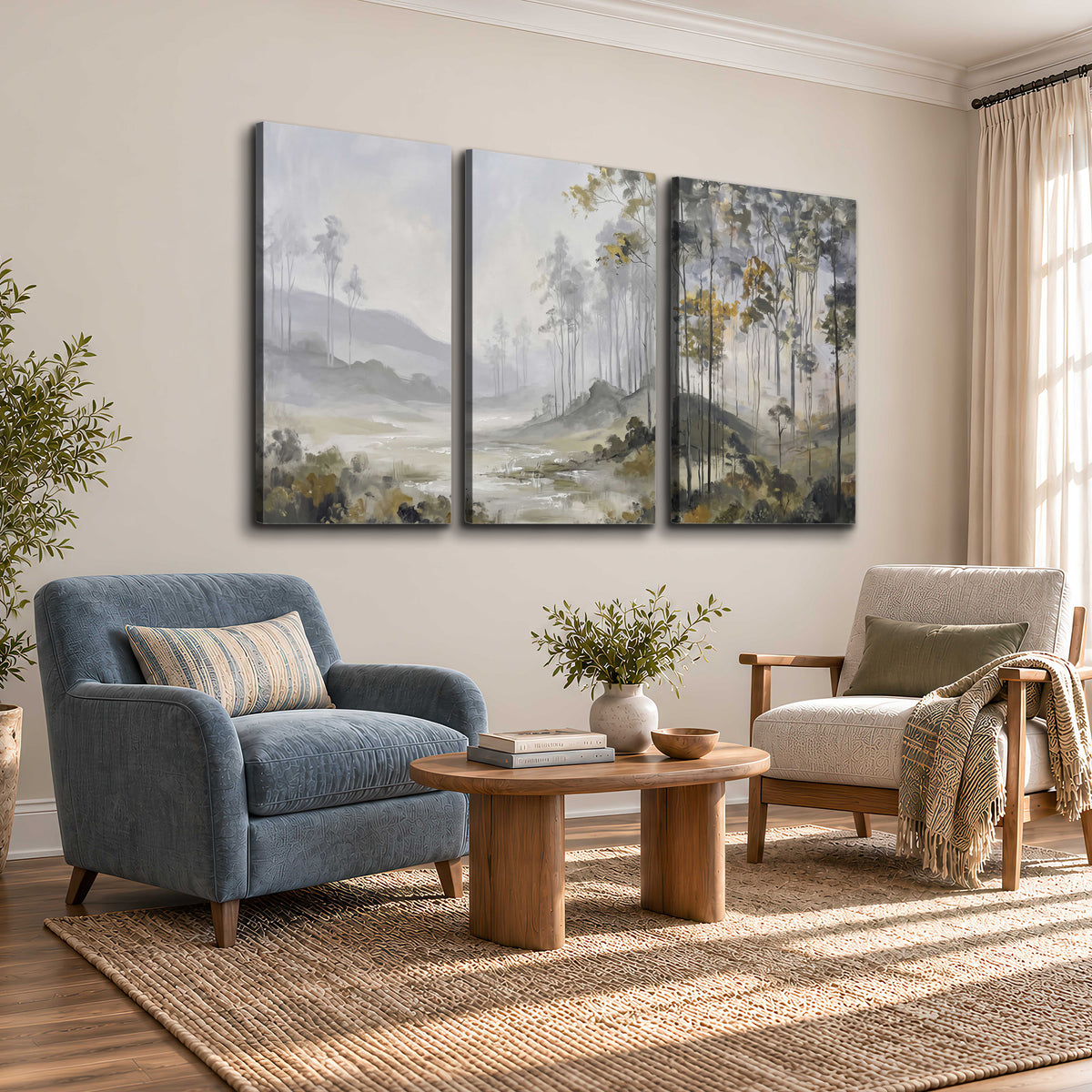 Misty woodland stream with gray trees, muted olive foliage and distant hazy hills 3 piece canvas wall art styled in an interior