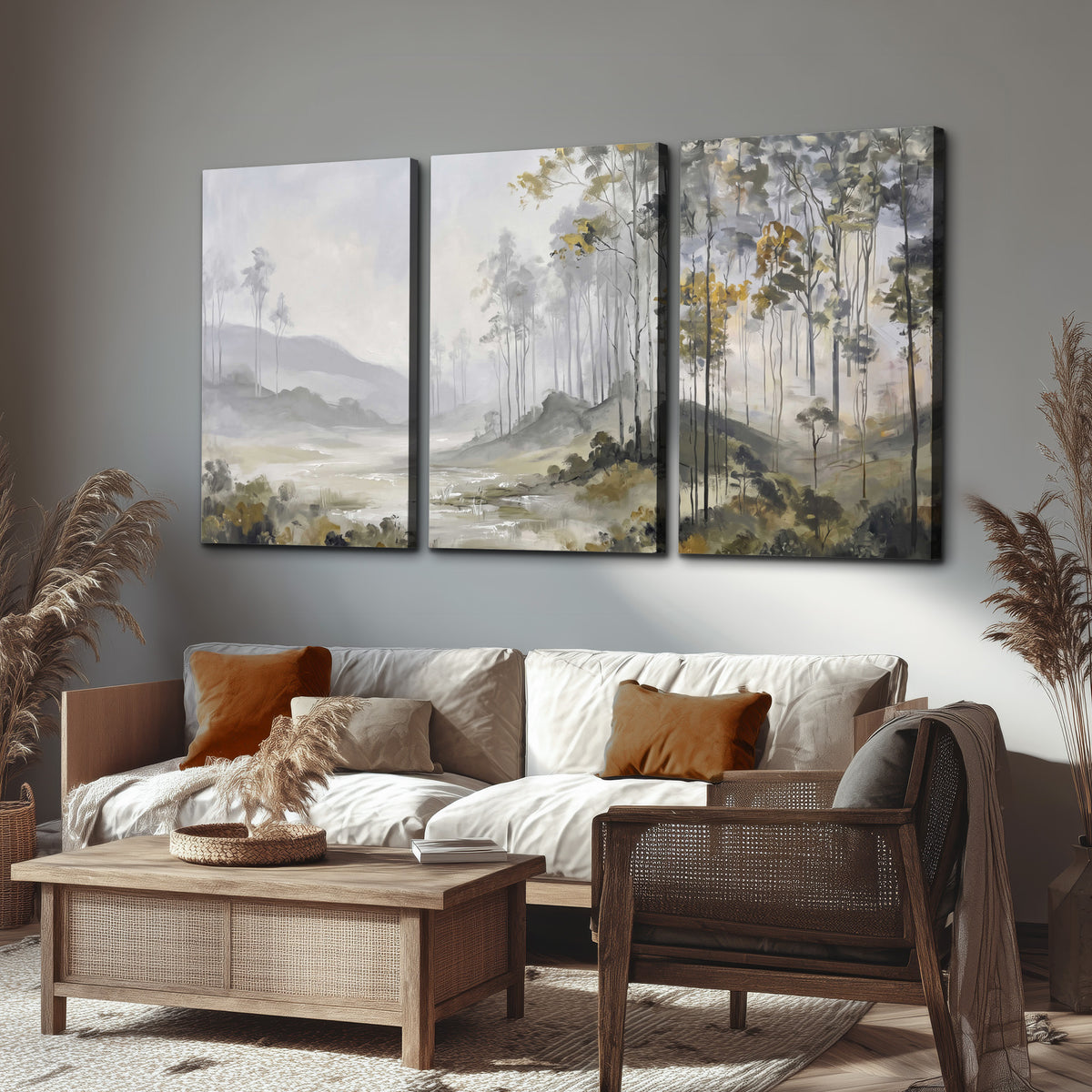 Misty woodland stream with gray trees, muted olive foliage and distant hazy hills 3 piece canvas wall art displayed in a rustic living room
