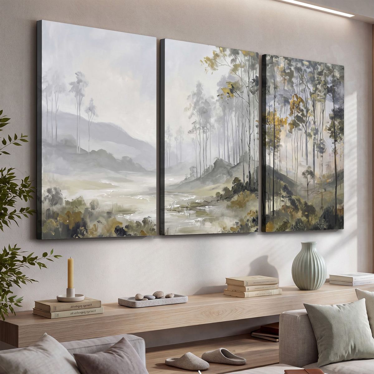 Misty woodland stream with gray trees, muted olive foliage and distant hazy hills 3 piece canvas wall art displayed in a console
