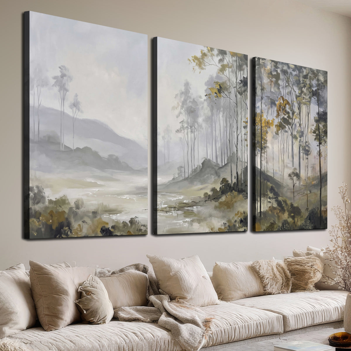 Misty woodland stream with gray trees, muted olive foliage and distant hazy hills 3 piece canvas wall art room and product view