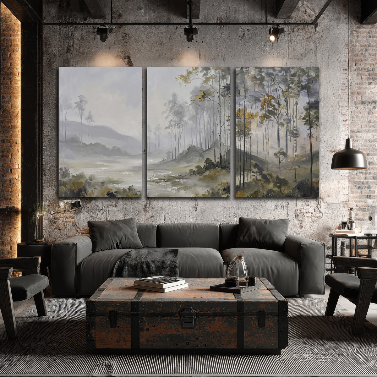 Misty woodland stream with gray trees, muted olive foliage and distant hazy hills 3 piece canvas wall art displayed in a industrial room