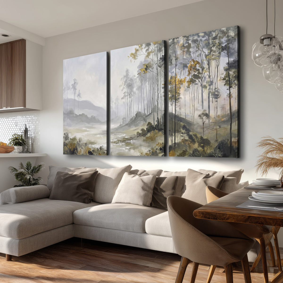 Misty woodland stream with gray trees, muted olive foliage and distant hazy hills 3 piece canvas wall art room and product view