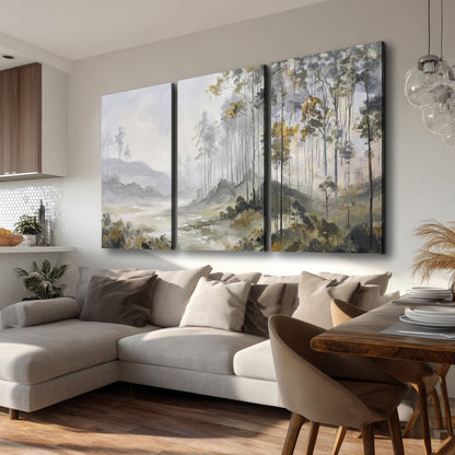 Misty woodland stream with gray trees, muted olive foliage and distant hazy hills 3 piece canvas wall art room and product view