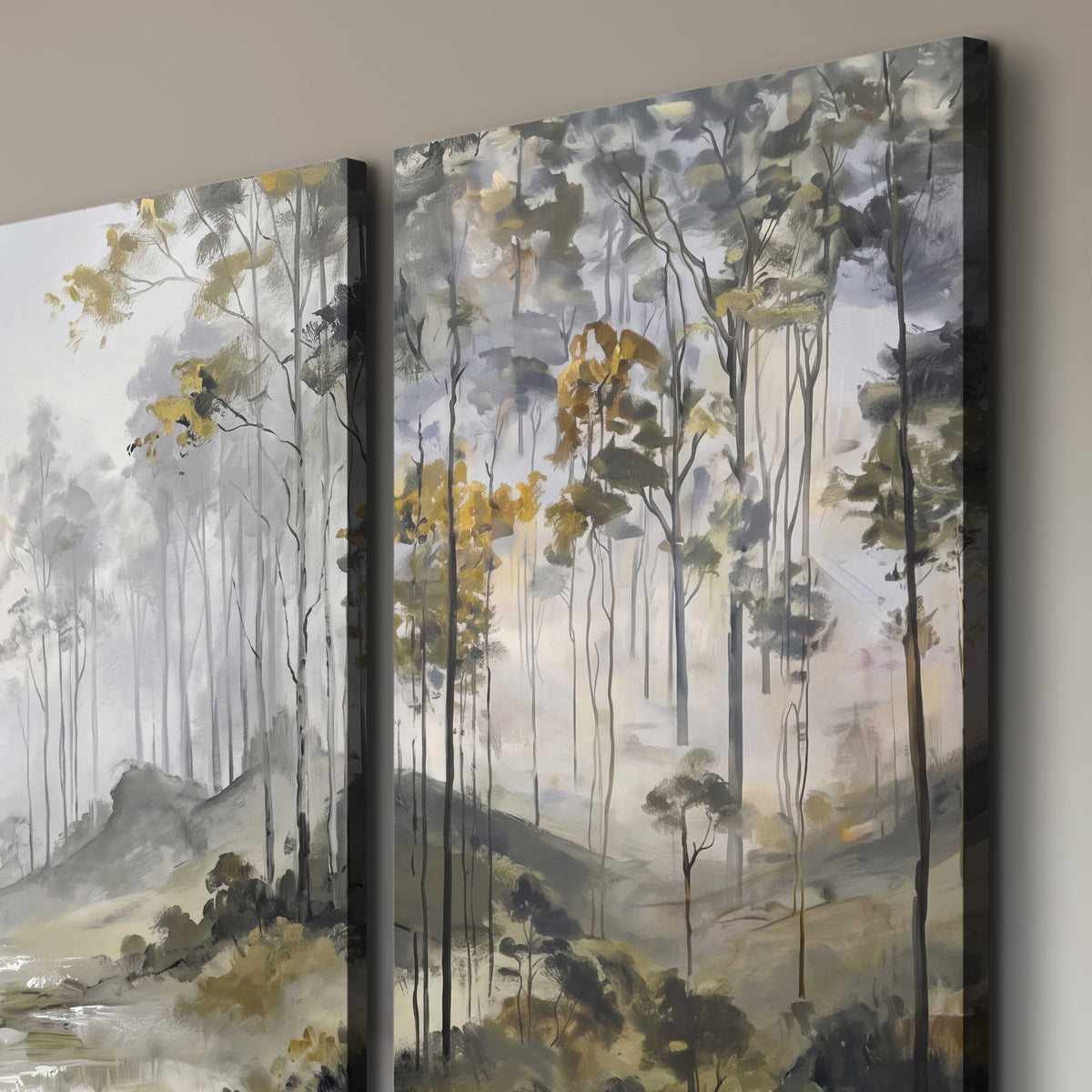 Misty woodland stream with gray trees, muted olive foliage and distant hazy hills 3 piece canvas wall art room and product view