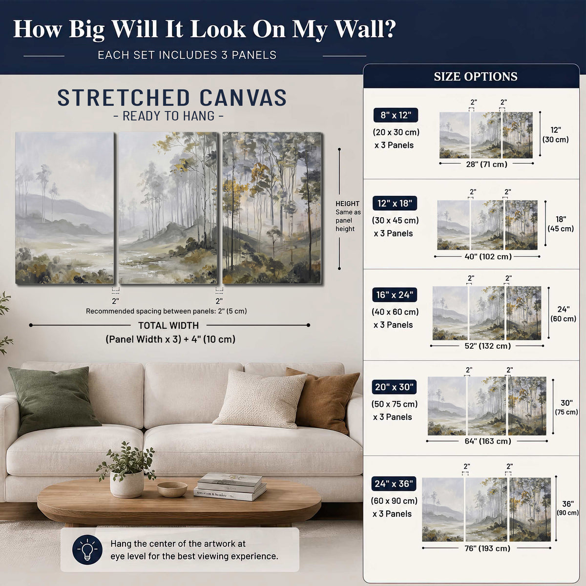 Misty woodland stream with gray trees, muted olive foliage and distant hazy hills 3 piece canvas wall art size guide above a sofa; room view is illustrative