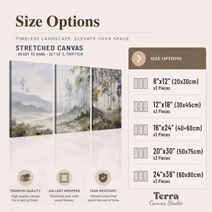 Misty woodland stream with gray trees, muted olive foliage and distant hazy hills 3 piece canvas wall art available dimensions; triptych dimensions are per panel