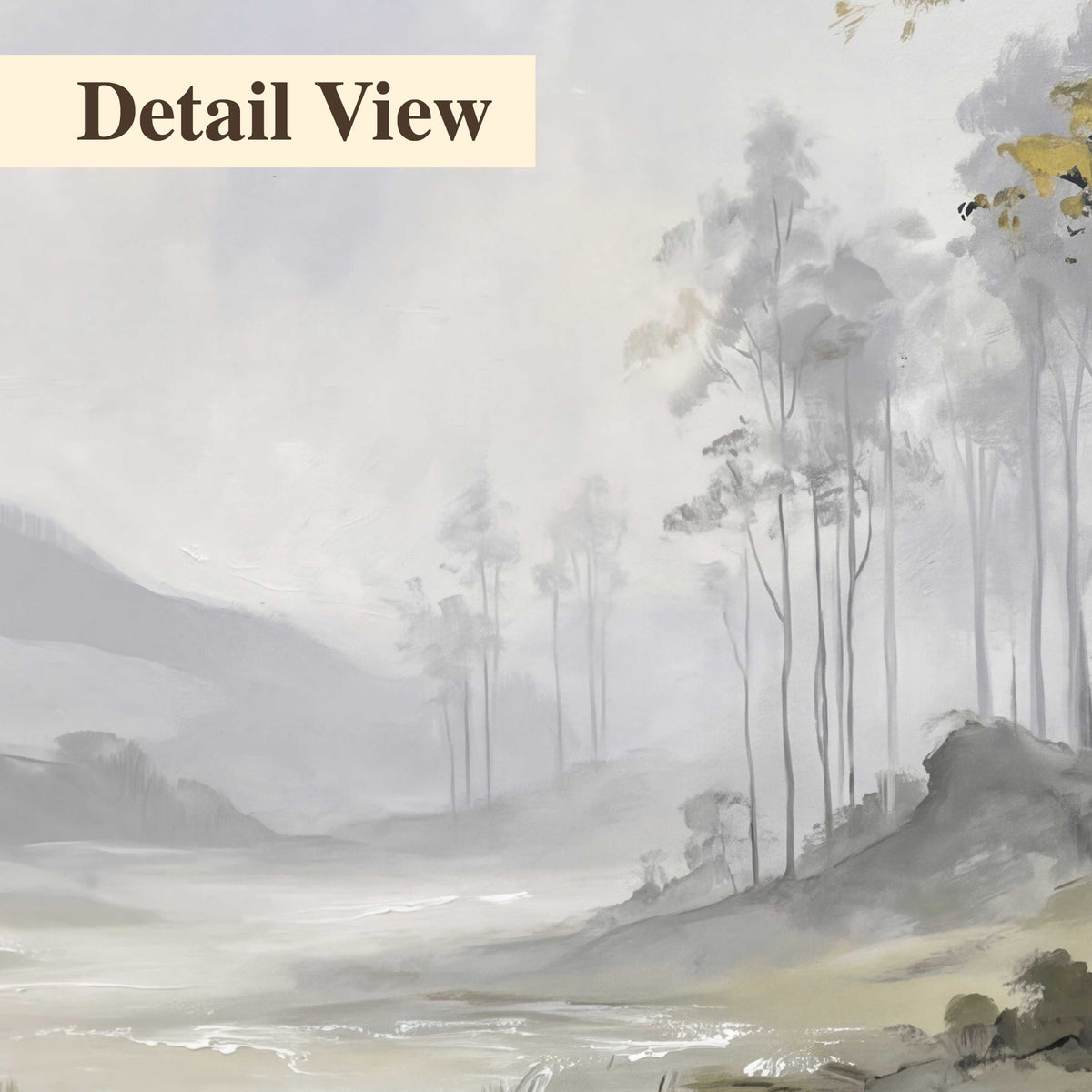Misty woodland stream with gray trees, muted olive foliage and distant hazy hills 3 piece canvas wall art artwork detail close up