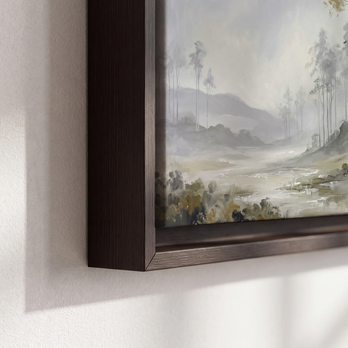 Misty woodland stream with gray trees, muted olive foliage and distant hazy hills 3 piece framed canvas wall art material and edge close up