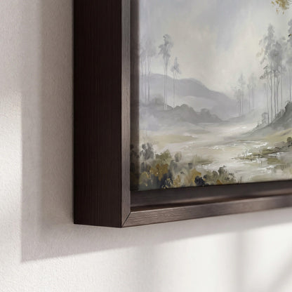 Misty woodland stream with gray trees, muted olive foliage and distant hazy hills 3 piece framed canvas wall art material and edge close up
