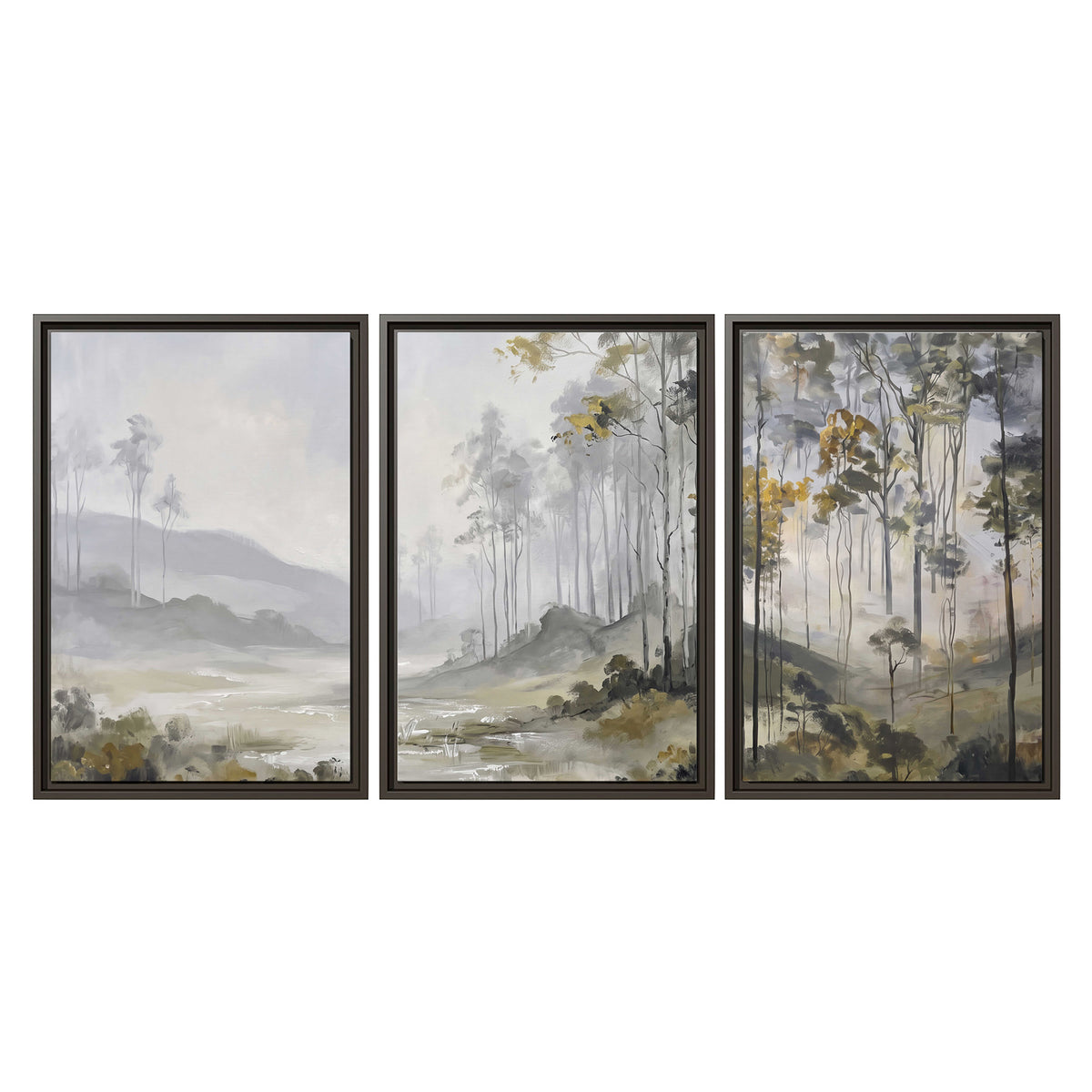Misty woodland stream with gray trees, muted olive foliage and distant hazy hills 3 piece framed canvas wall art viewed straight on