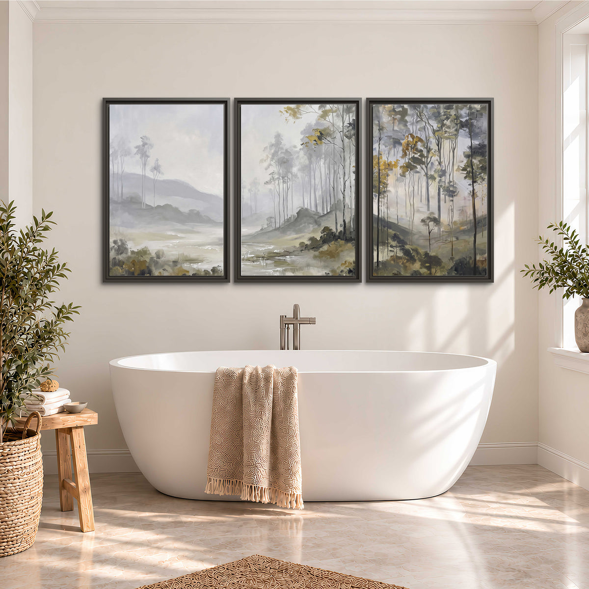 Misty woodland stream with gray trees, muted olive foliage and distant hazy hills 3 piece framed canvas wall art styled in an interior