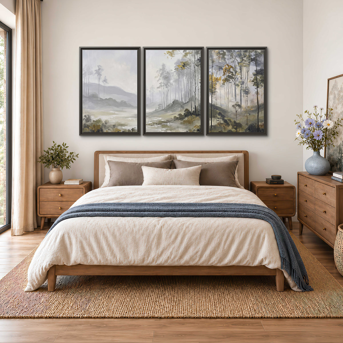 Misty woodland stream with gray trees, muted olive foliage and distant hazy hills 3 piece framed canvas wall art styled in an interior