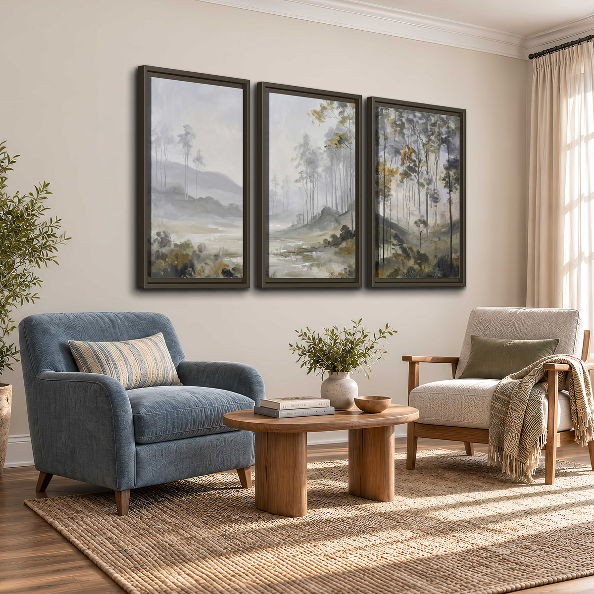 Misty woodland stream with gray trees, muted olive foliage and distant hazy hills 3 piece framed canvas wall art styled in an interior