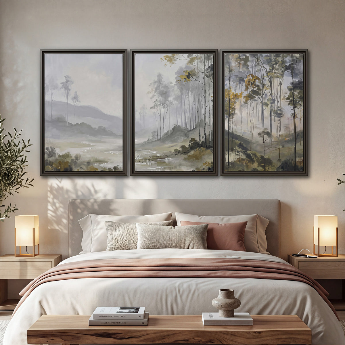 Misty woodland stream with gray trees, muted olive foliage and distant hazy hills 3 piece framed canvas wall art displayed in a bedroom