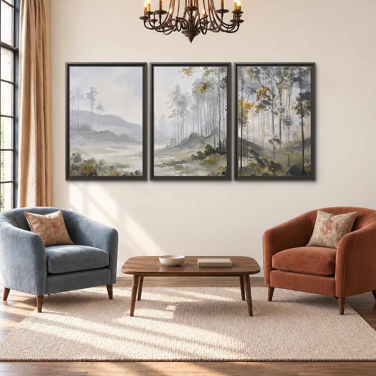 Misty woodland stream with gray trees, muted olive foliage and distant hazy hills 3 piece framed canvas wall art styled in an interior