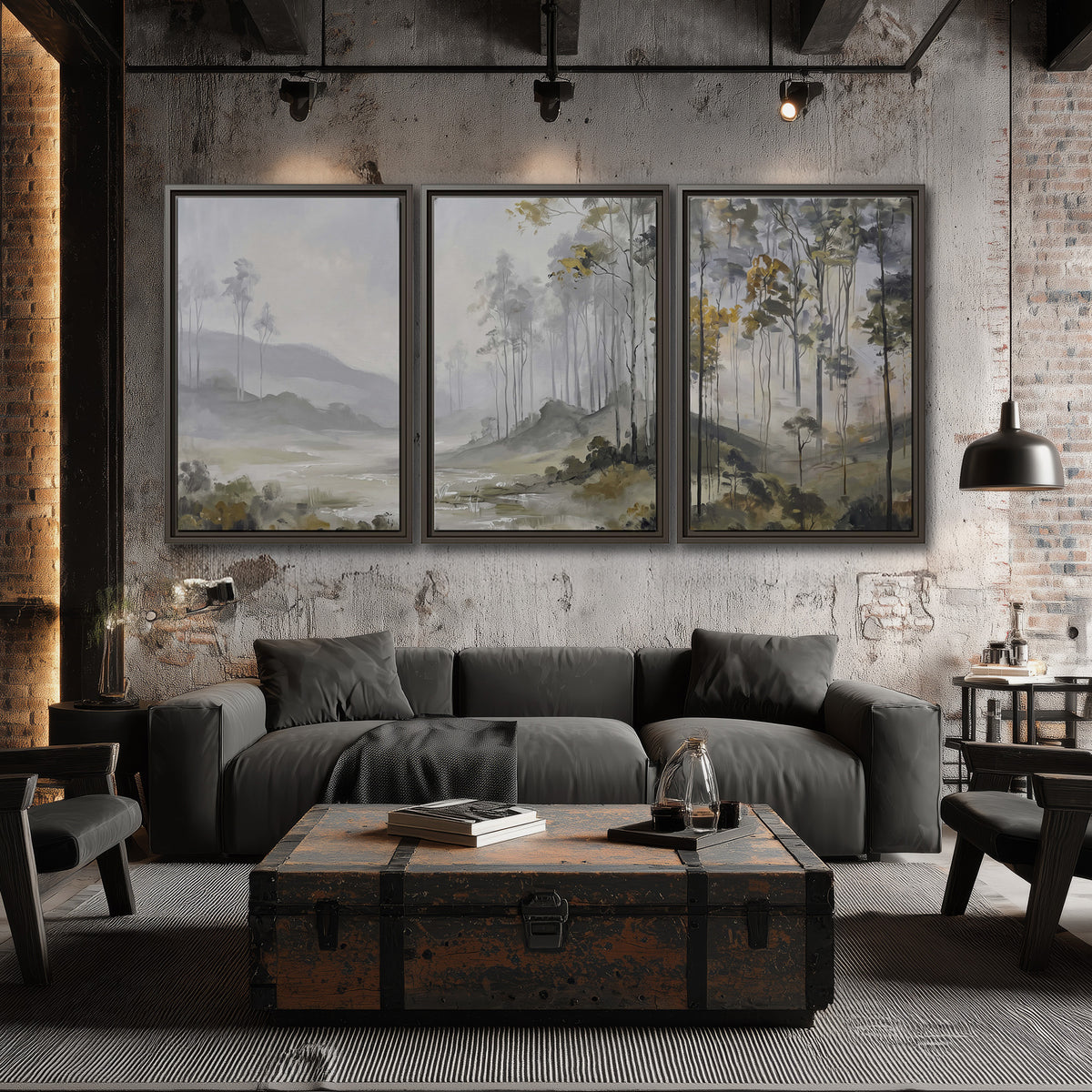 Misty woodland stream with gray trees, muted olive foliage and distant hazy hills 3 piece framed canvas wall art displayed in a industrial room