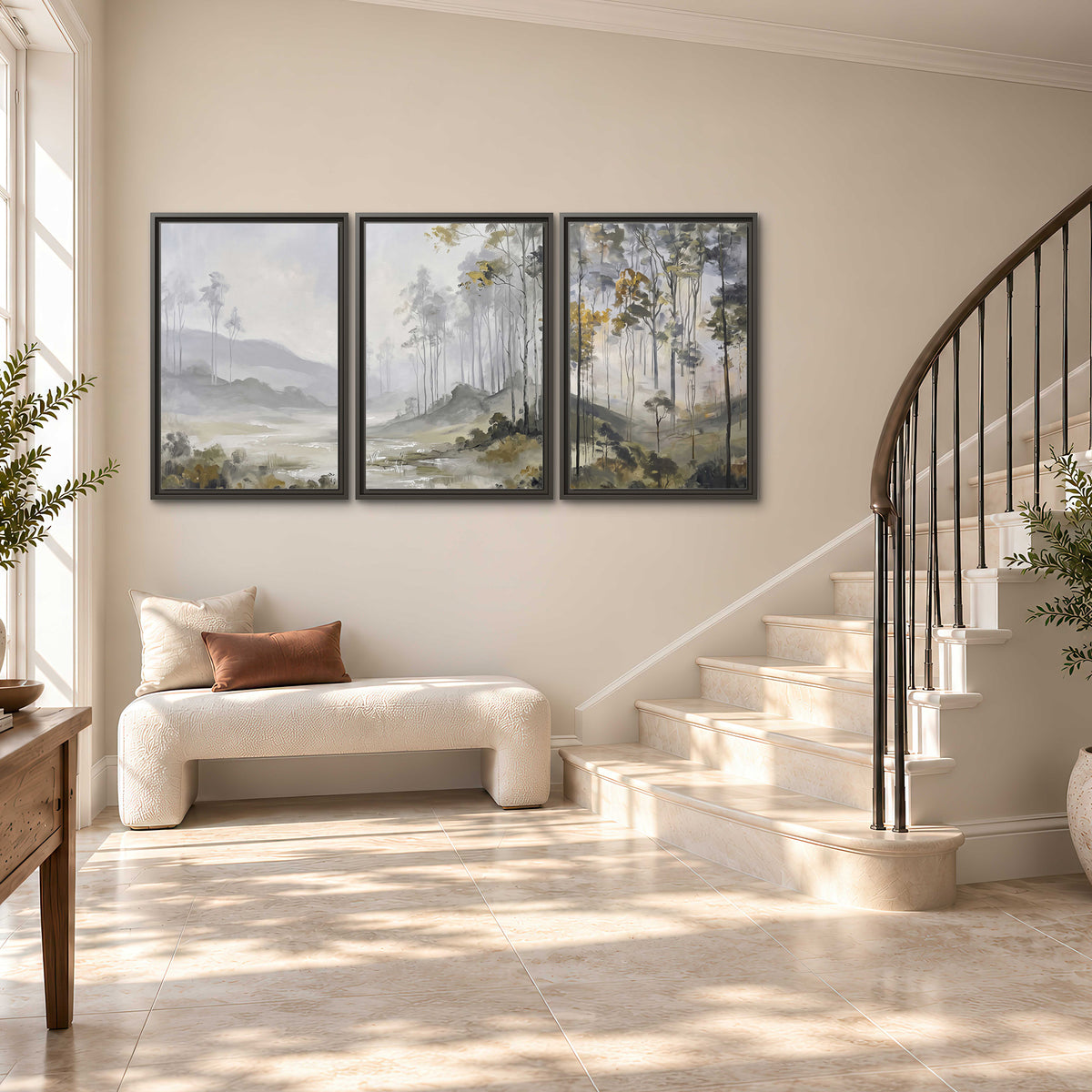 Misty woodland stream with gray trees, muted olive foliage and distant hazy hills 3 piece framed canvas wall art styled in an interior
