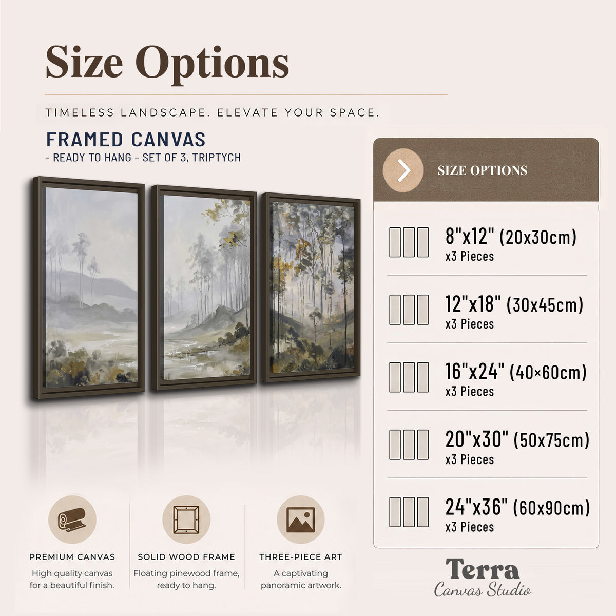 Misty woodland stream with gray trees, muted olive foliage and distant hazy hills 3 piece framed canvas wall art available dimensions; triptych dimensions are per panel