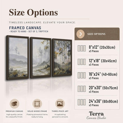 Misty woodland stream with gray trees, muted olive foliage and distant hazy hills 3 piece framed canvas wall art available dimensions; triptych dimensions are per panel