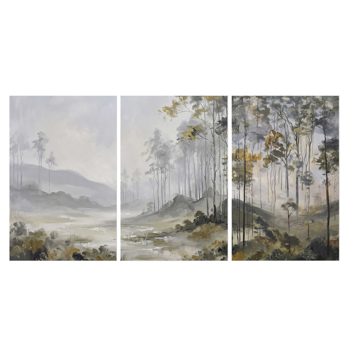 Misty woodland stream with gray trees, muted olive foliage and distant hazy hills set of 3 poster prints viewed straight on