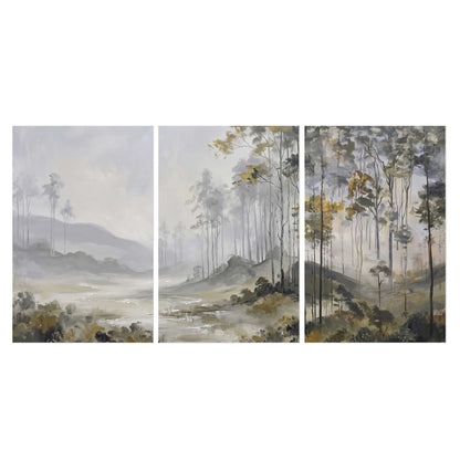 Misty woodland stream with gray trees, muted olive foliage and distant hazy hills set of 3 poster prints viewed straight on