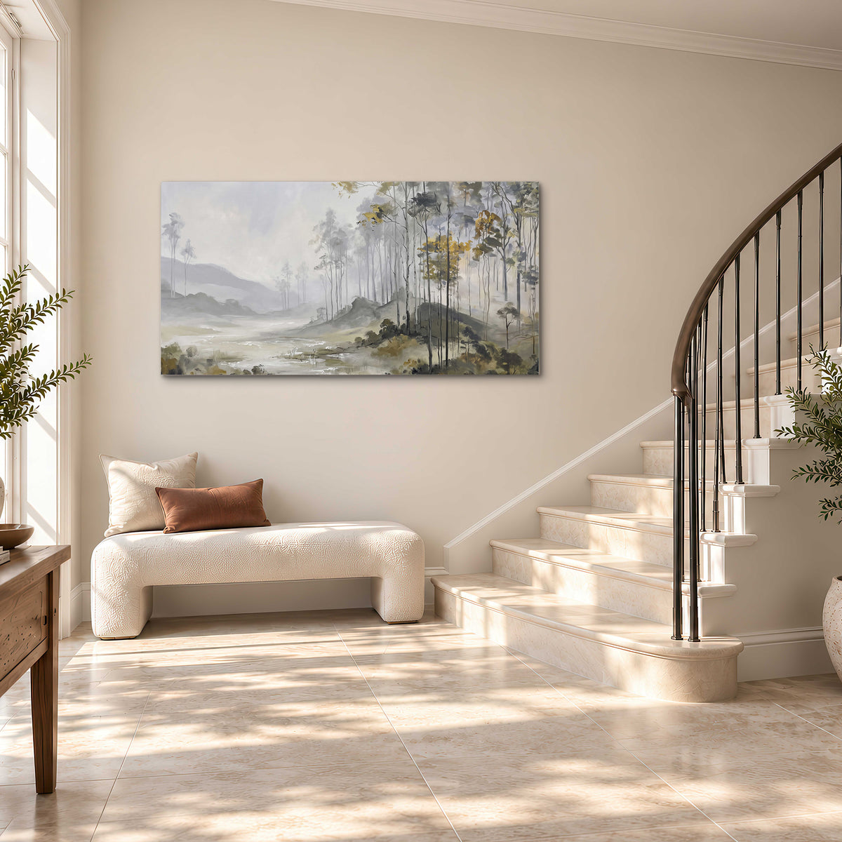 Misty woodland stream with gray trees, muted olive foliage and distant hazy hills single canvas wall art styled in an interior