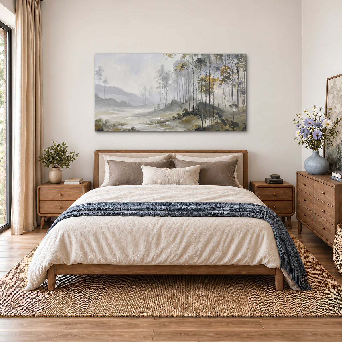 Misty woodland stream with gray trees, muted olive foliage and distant hazy hills single canvas wall art styled in an interior