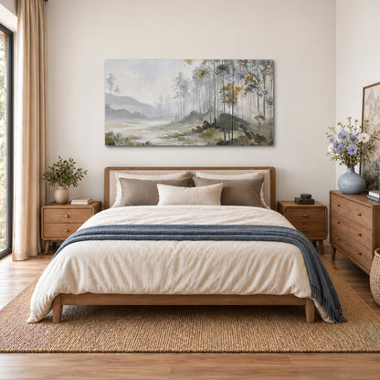 Misty woodland stream with gray trees, muted olive foliage and distant hazy hills single canvas wall art styled in an interior