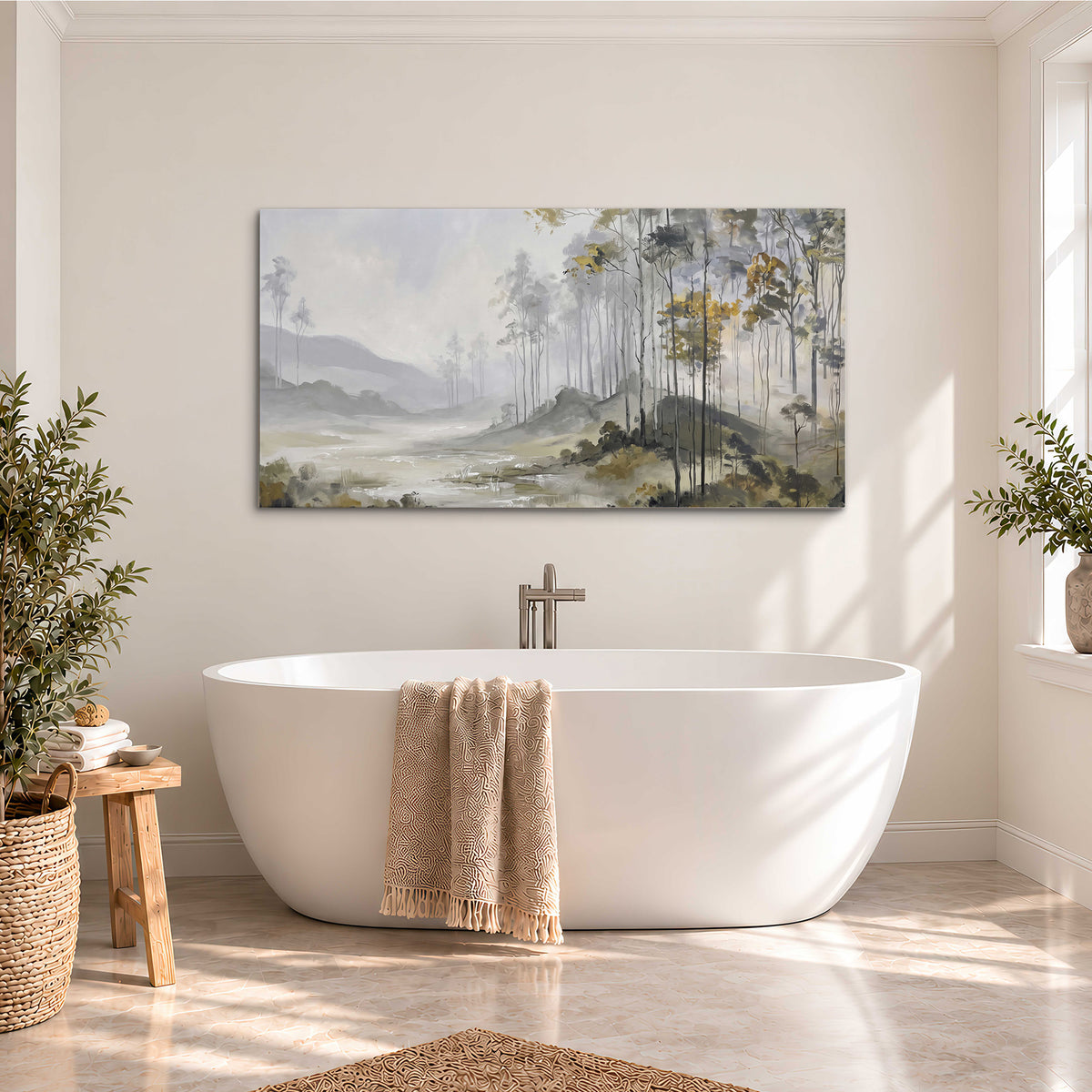 Misty woodland stream with gray trees, muted olive foliage and distant hazy hills single canvas wall art styled in an interior