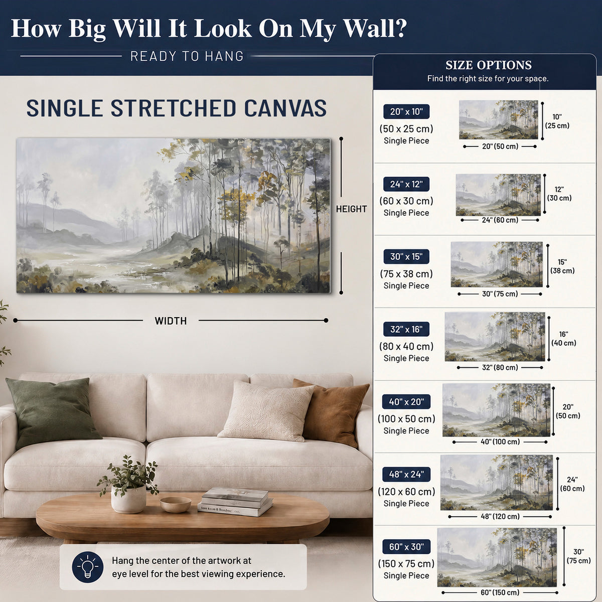 Misty woodland stream with gray trees, muted olive foliage and distant hazy hills single canvas wall art size guide above a sofa; room view is illustrative
