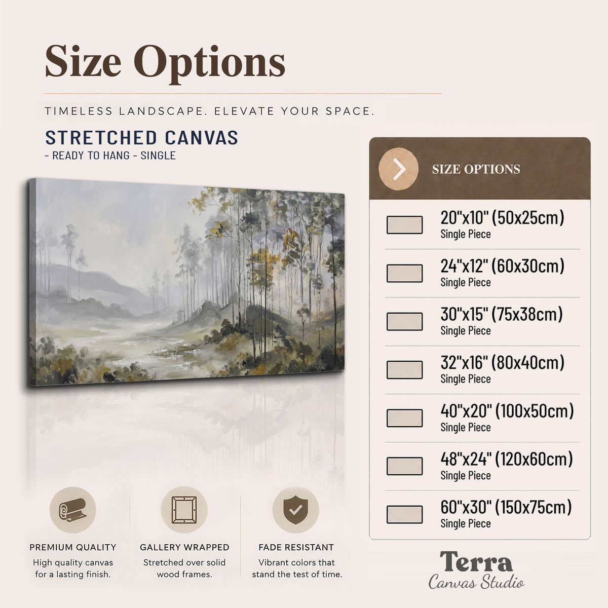 Misty woodland stream with gray trees, muted olive foliage and distant hazy hills single canvas wall art available dimensions
